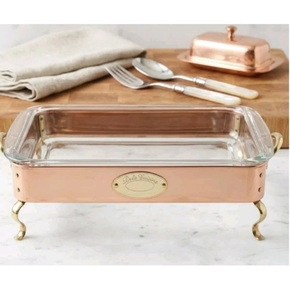 Vintage De La Cuisine Copper Casserole Dish Pyrex Glass Bakeware 3L Scroll Feet